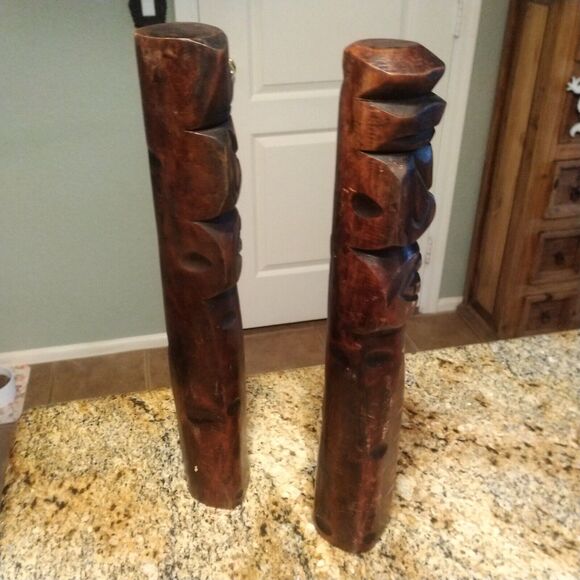 Vintage Korean Miniature Wooden Tiki Totem Pole Guardian Jangseung Figures 14" - Picture 3 of 9